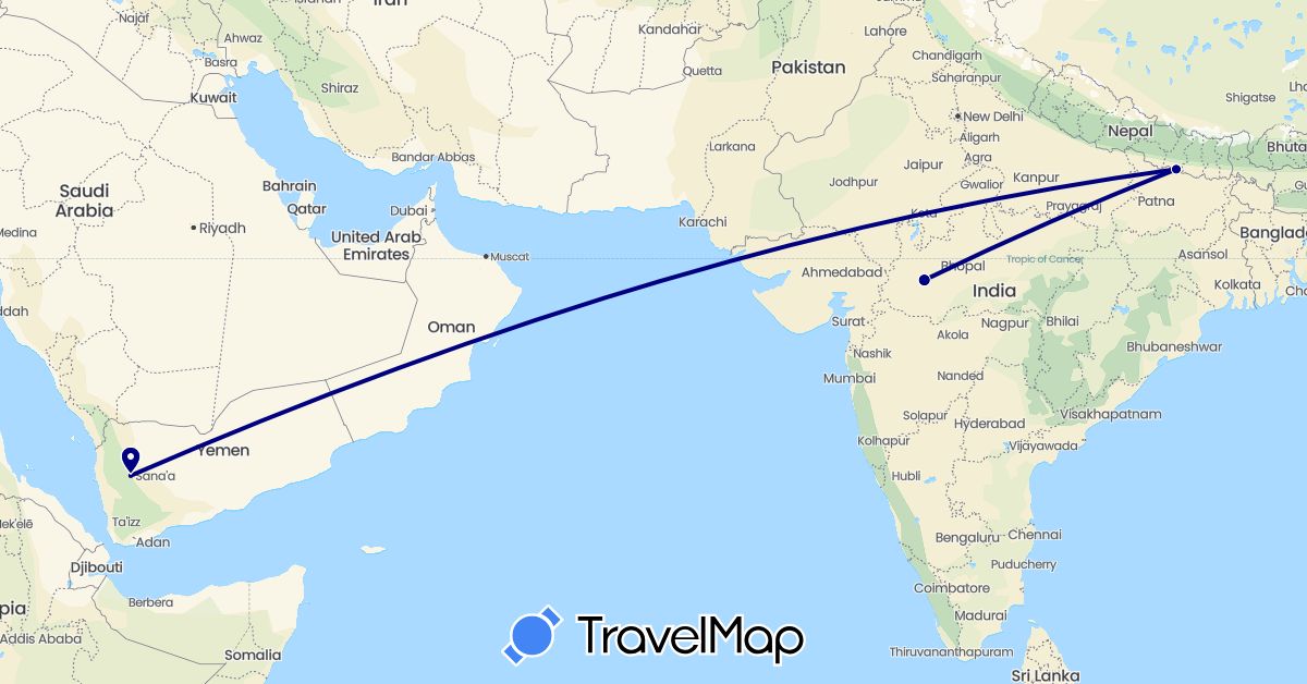 TravelMap itinerary: driving in India, Nepal, Yemen (Asia)